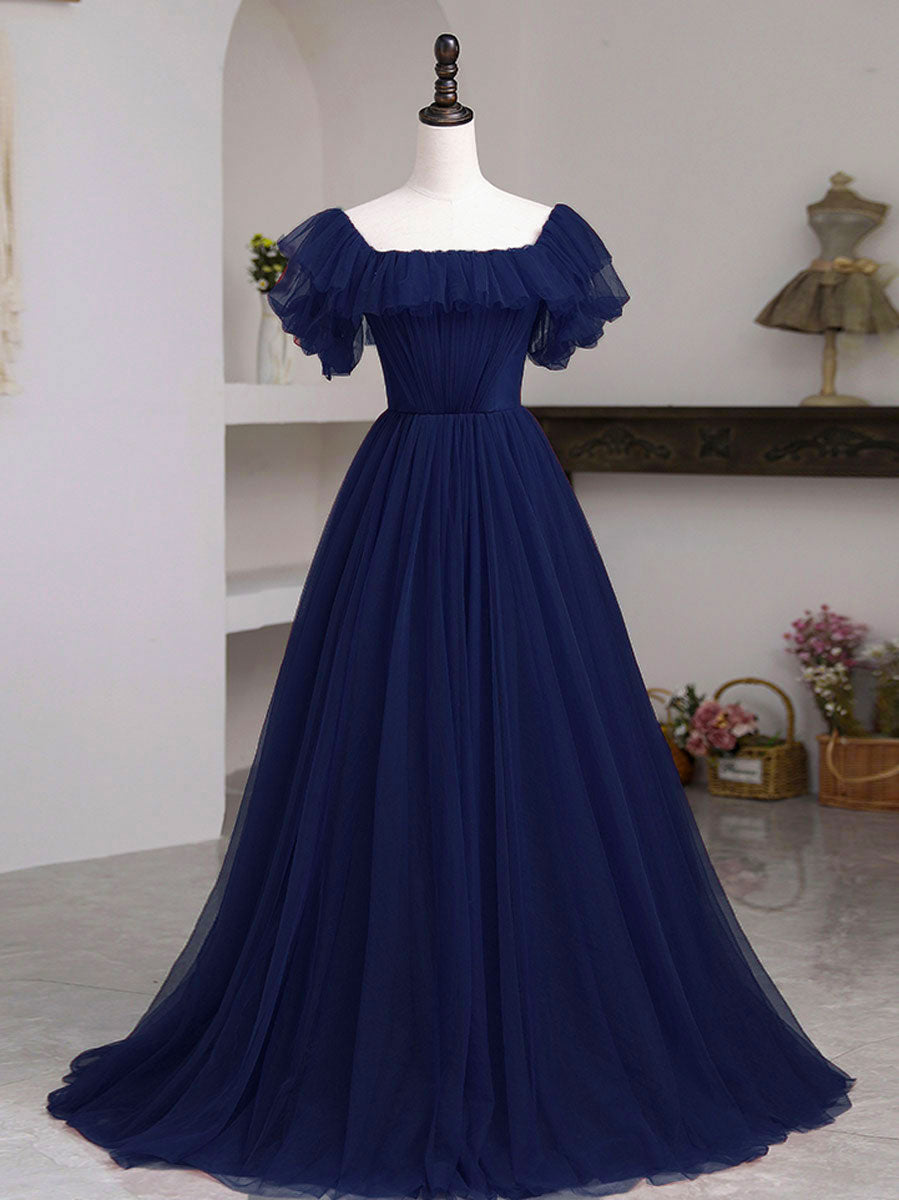 A-Line Off-the-Shoulder Floor-Length Tulle Ruffled Bodice Burgundy Prom Dress