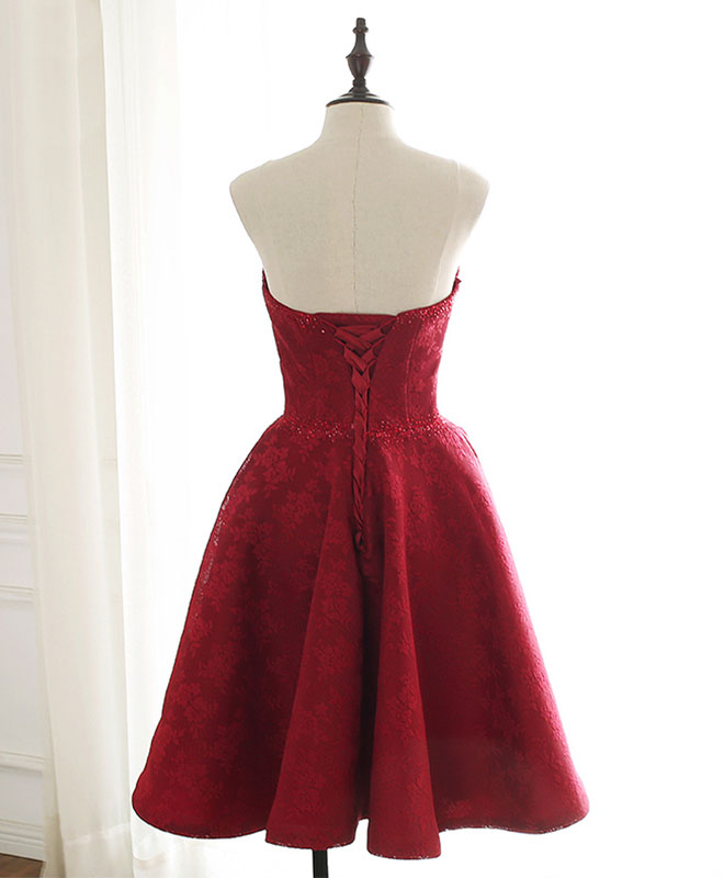 Strapless A-Line Knee-Length Lace Satin Homecoming Dress with Beaded Detail