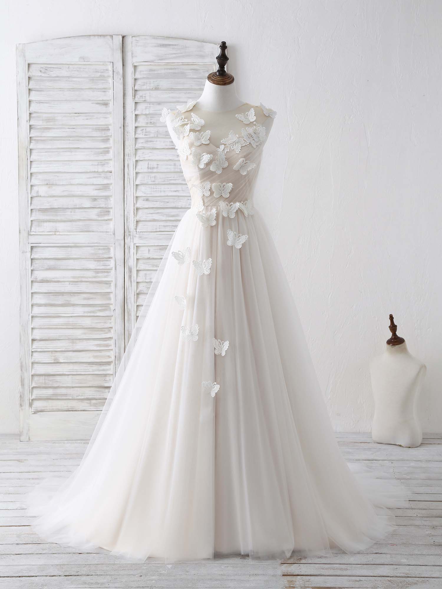 A-Line Illusion Neck Floor-Length Tulle & Lace Prom Dress with Butterfly Appliqué