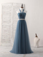 A-Line Halter Neckline Floor-Length Tulle Prom Dress with Beaded Waist