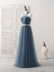 A-Line Halter Neckline Floor-Length Tulle Prom Dress with Beaded Waist