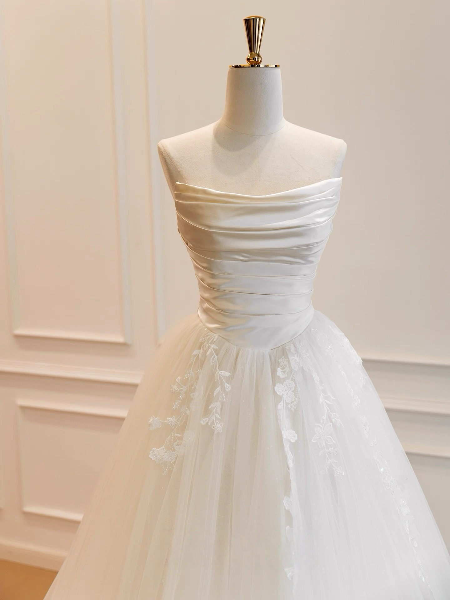 A-Line Satin & Tulle Ivory Long Prom Dress with Romantic Flowing Skirt