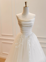 A-Line Satin & Tulle Ivory Long Prom Dress with Romantic Flowing Skirt