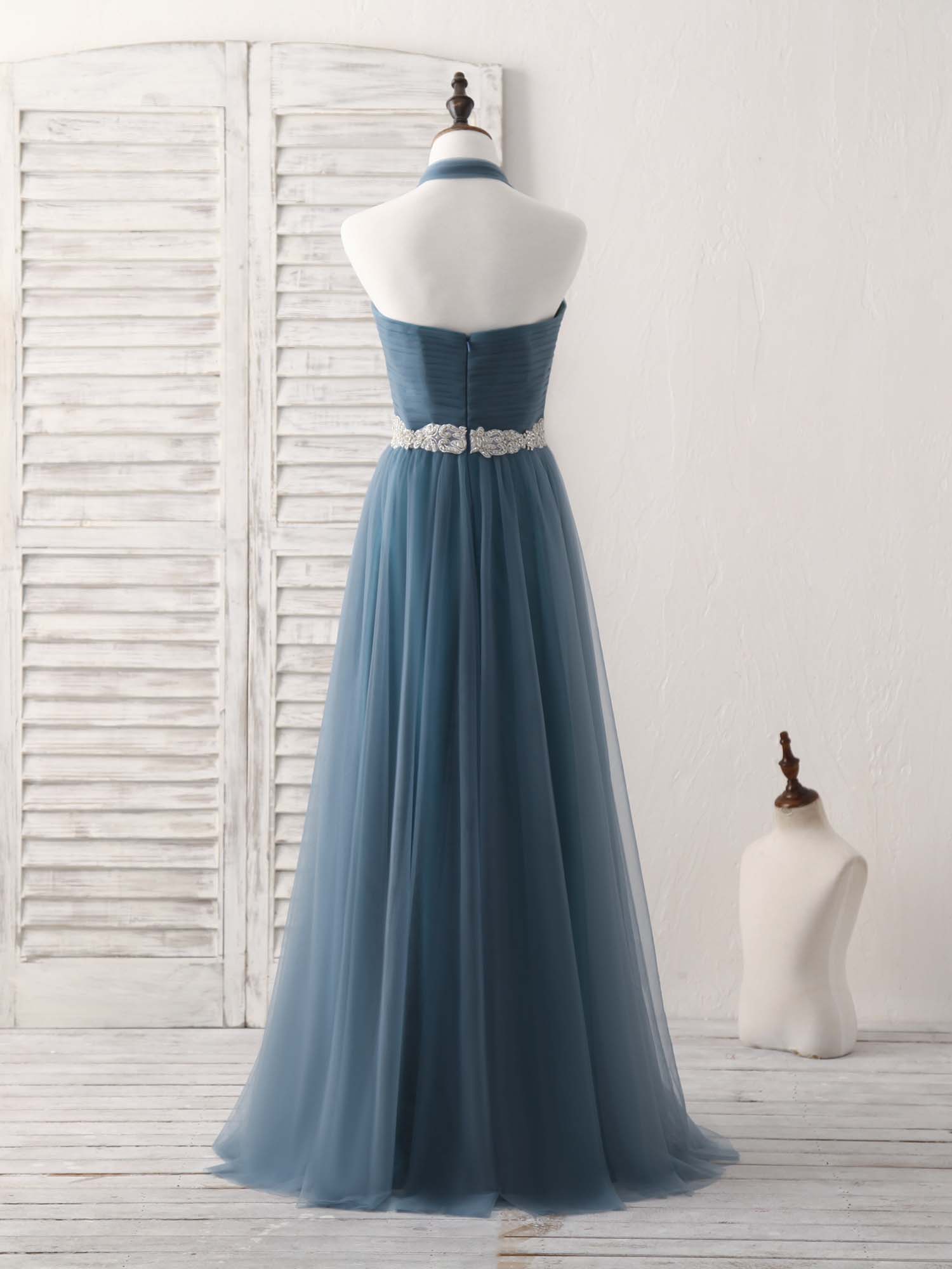 A-Line Halter Neckline Floor-Length Tulle Prom Dress with Beaded Waist
