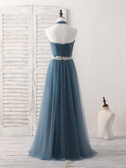 A-Line Halter Neckline Floor-Length Tulle Prom Dress with Beaded Waist