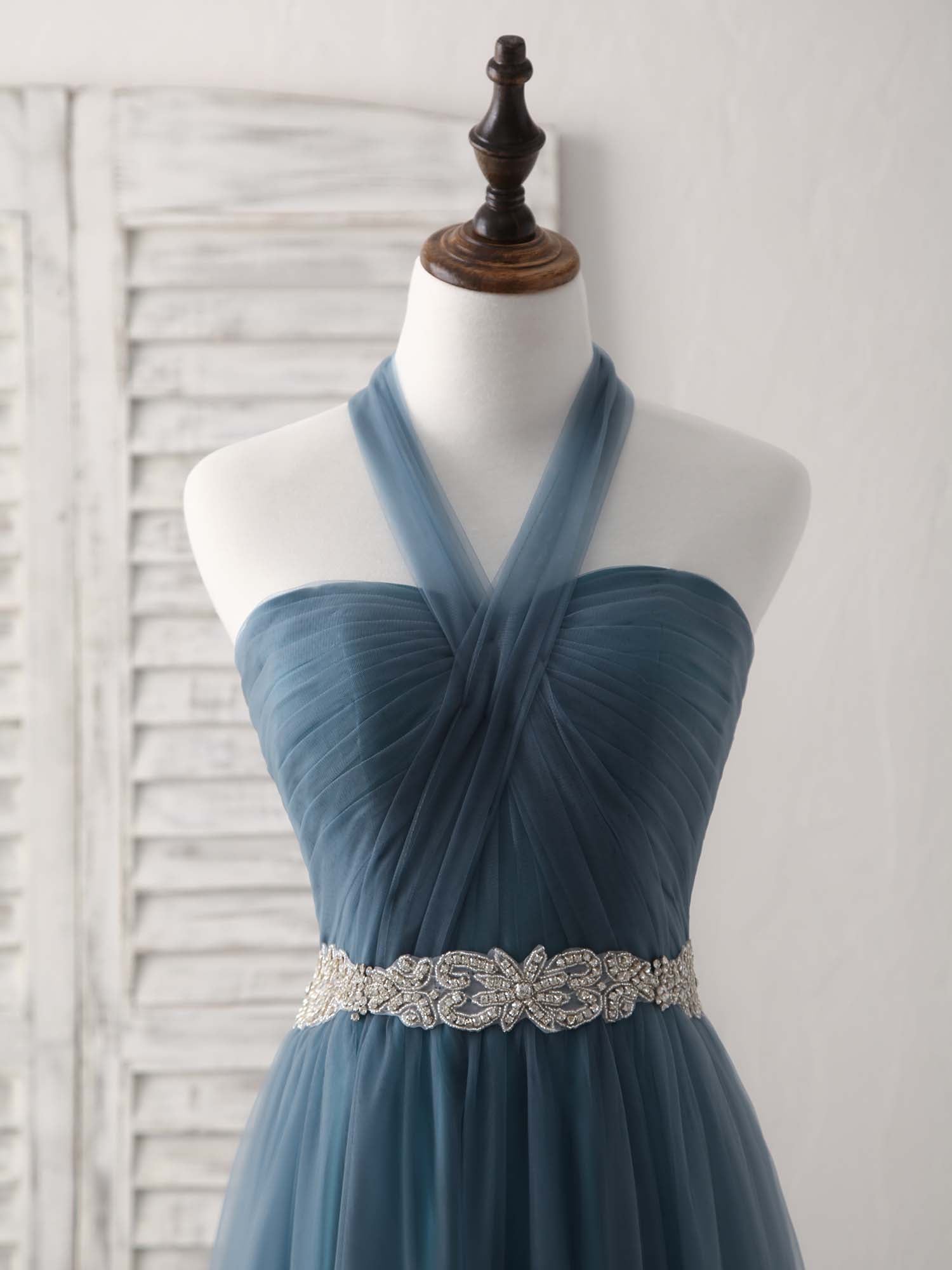 A-Line Halter Neckline Floor-Length Tulle Prom Dress with Beaded Waist
