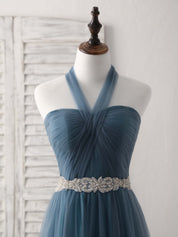 A-Line Halter Neckline Floor-Length Tulle Prom Dress with Beaded Waist