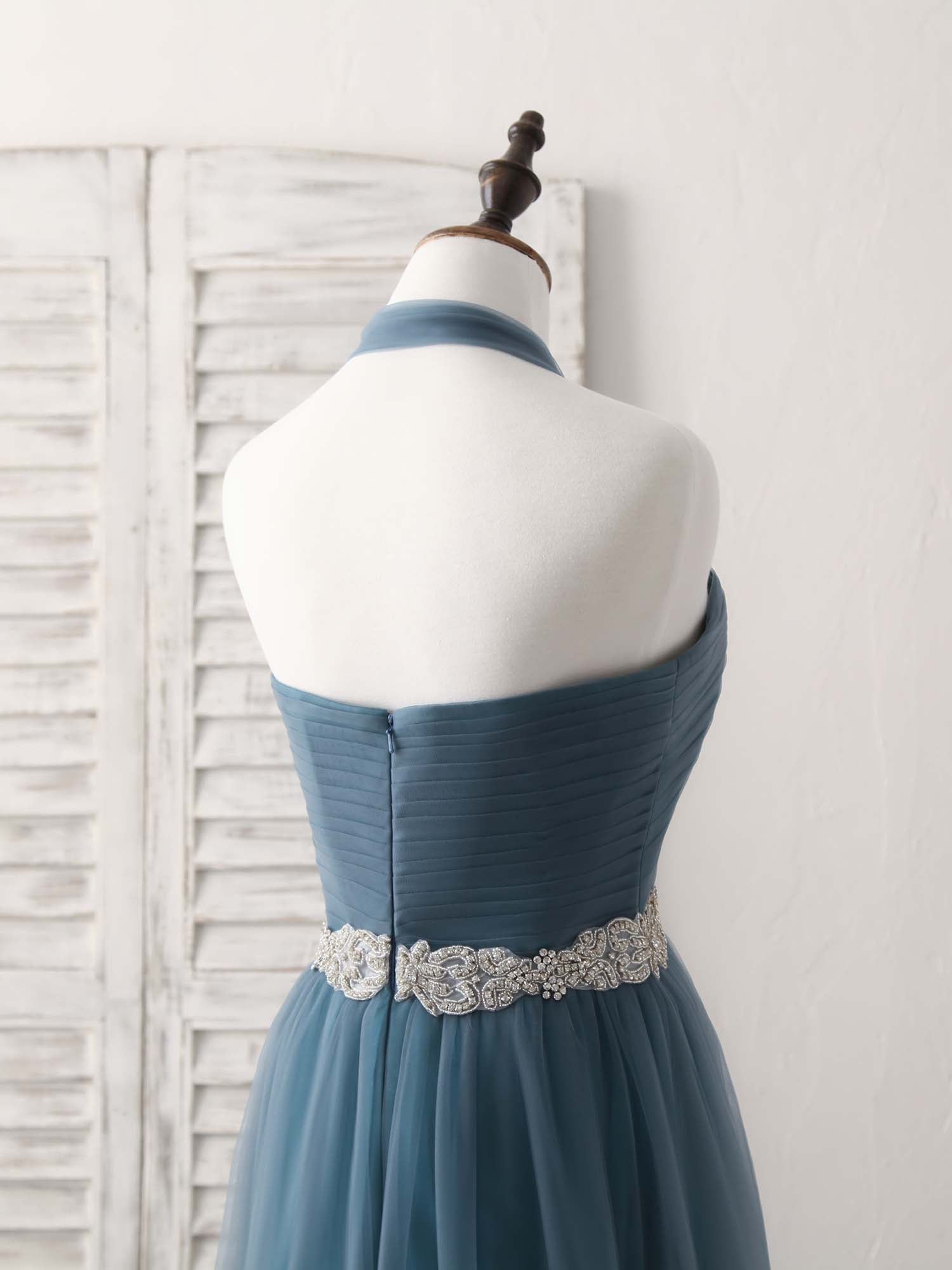 A-Line Halter Neckline Floor-Length Tulle Prom Dress with Beaded Waist