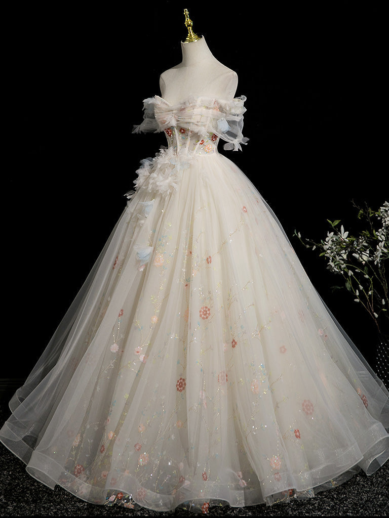 Off-Shoulder Floral Tulle Ball Gown Prom Dress with Corset Bodice