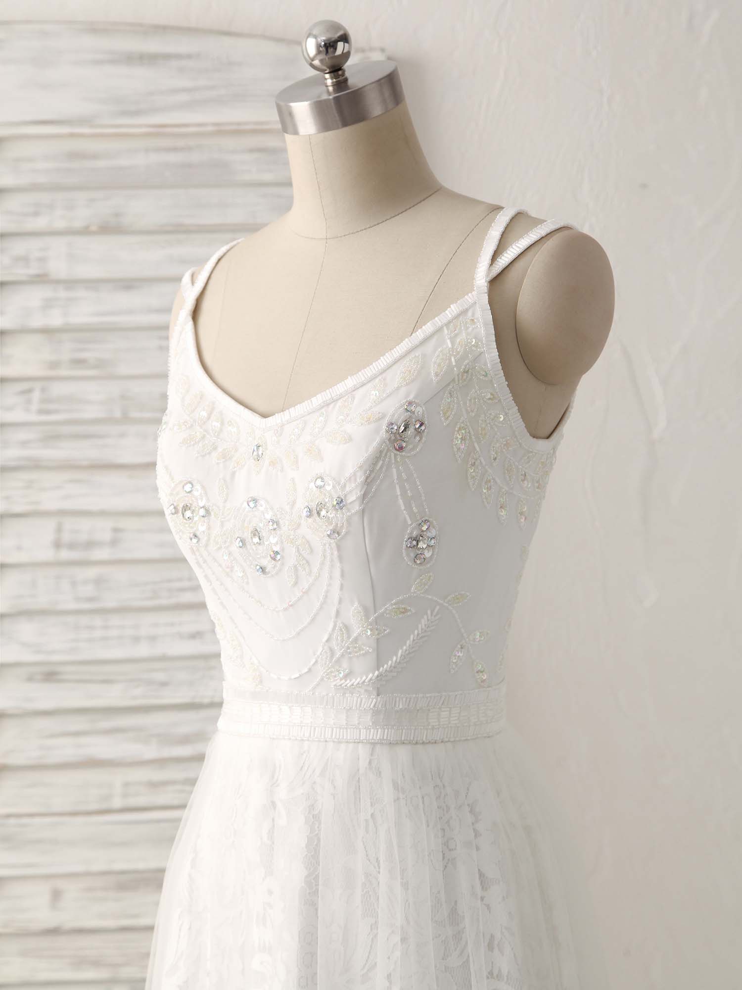 A-Line V-Neck Floor-Length Tulle and Lace Prom Dress with Beads