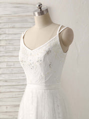 A-Line V-Neck Floor-Length Tulle and Lace Prom Dress with Beads