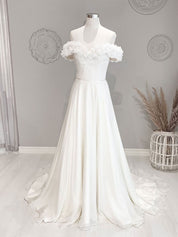 Ivory A-Line Off-the-Shoulder Floor-Length Tulle Prom Dress with 3D Floral Appliqué Neckline