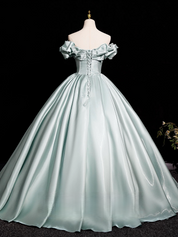 A-Line Off Shoulder Satin Light Green Long Prom Dress, Light Green Long Formal Dress