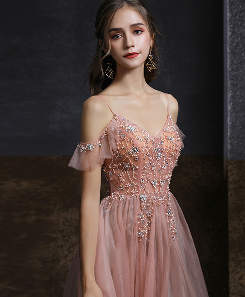 A-Line V-Neck Floor-Length Blush Tulle Beaded Prom Dress