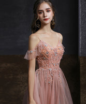 A-Line V-Neck Floor-Length Blush Tulle Beaded Prom Dress