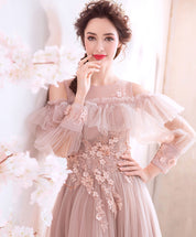 A-Line Off-the-Shoulder Floor-Length Blush Tulle & Lace Prom Dress with Long Sleeves and Floral Appliqué