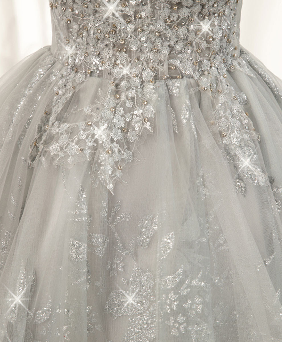 A-Line Straight Neck Short Silver Tulle Lace Homecoming Dress with Feather Trim and Sequin Sparkle