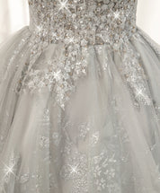 A-Line Straight Neck Short Silver Tulle Lace Homecoming Dress with Feather Trim and Sequin Sparkle