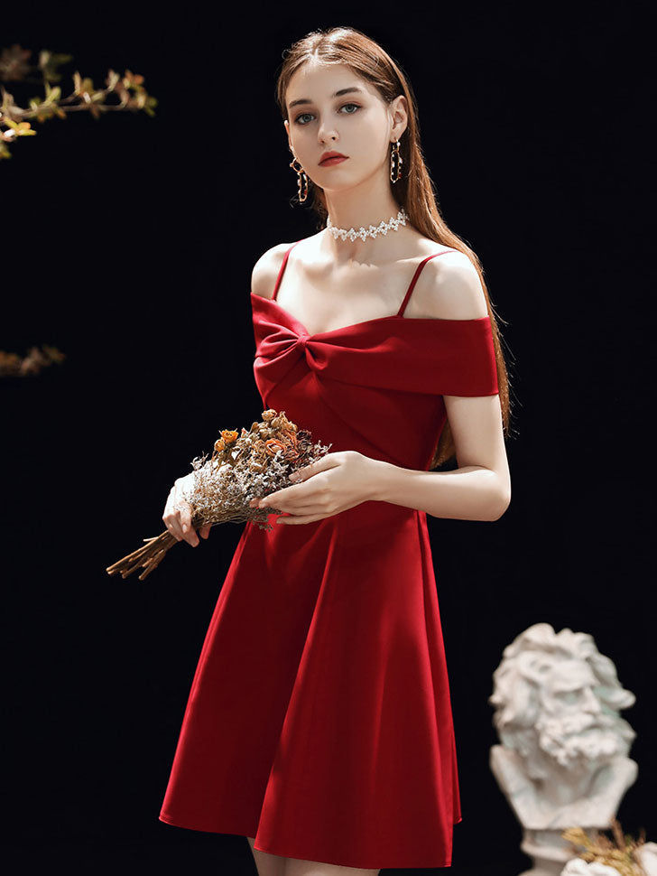 A-Line Sweetheart Knee-Length Red Satin Homecoming Dress with Off-the-Shoulder Straps