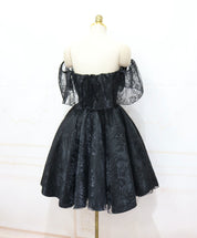 A-Line Off-the-Shoulder Knee-Length Black Tulle Lace Homecoming Dress with Soft Ruffle Overlay