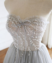 A-Line Sweetheart Floor-Length Gray Tulle Prom Dress with Illusion Beaded Bodice