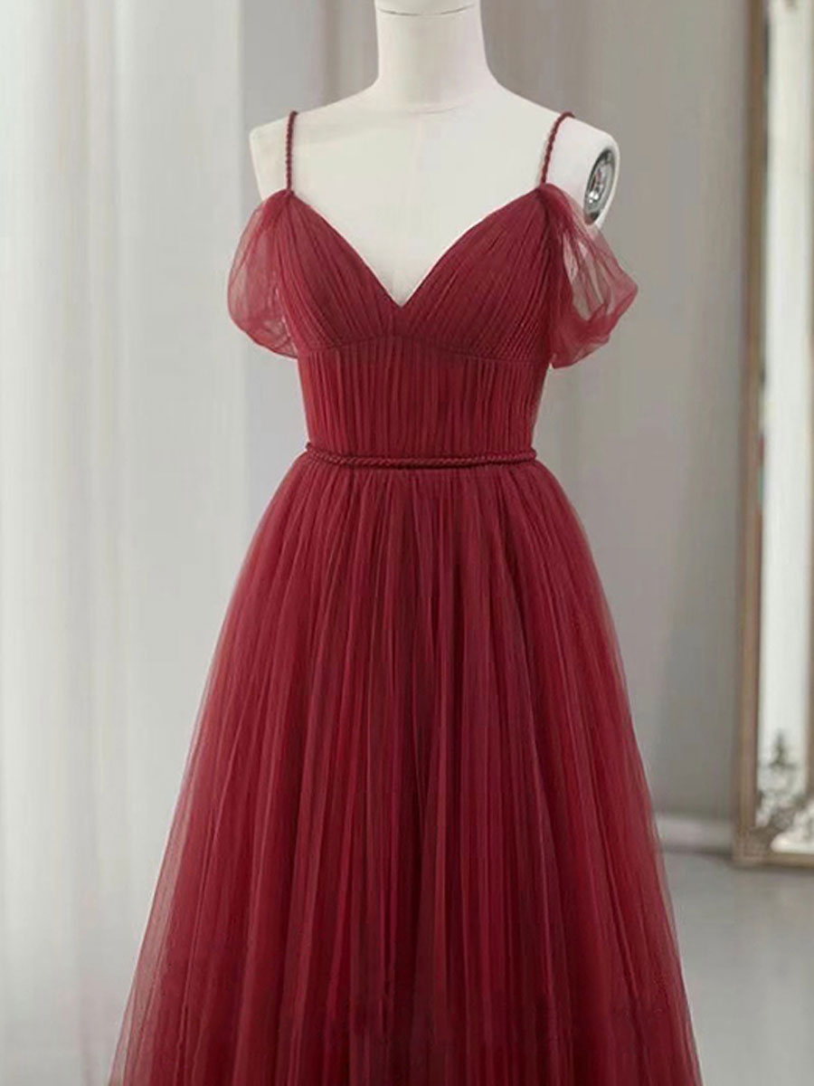 Burgundy A-Line Sweetheart Floor-Length Tulle Prom Dress with Soft Pleated Skirt