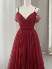 Burgundy A-Line Sweetheart Floor-Length Tulle Prom Dress with Soft Pleated Skirt
