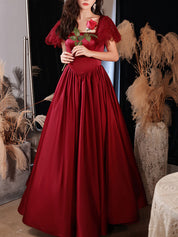 A-Line Square Neck Floor-Length Red Satin Prom Dress with Flutter Sleeves