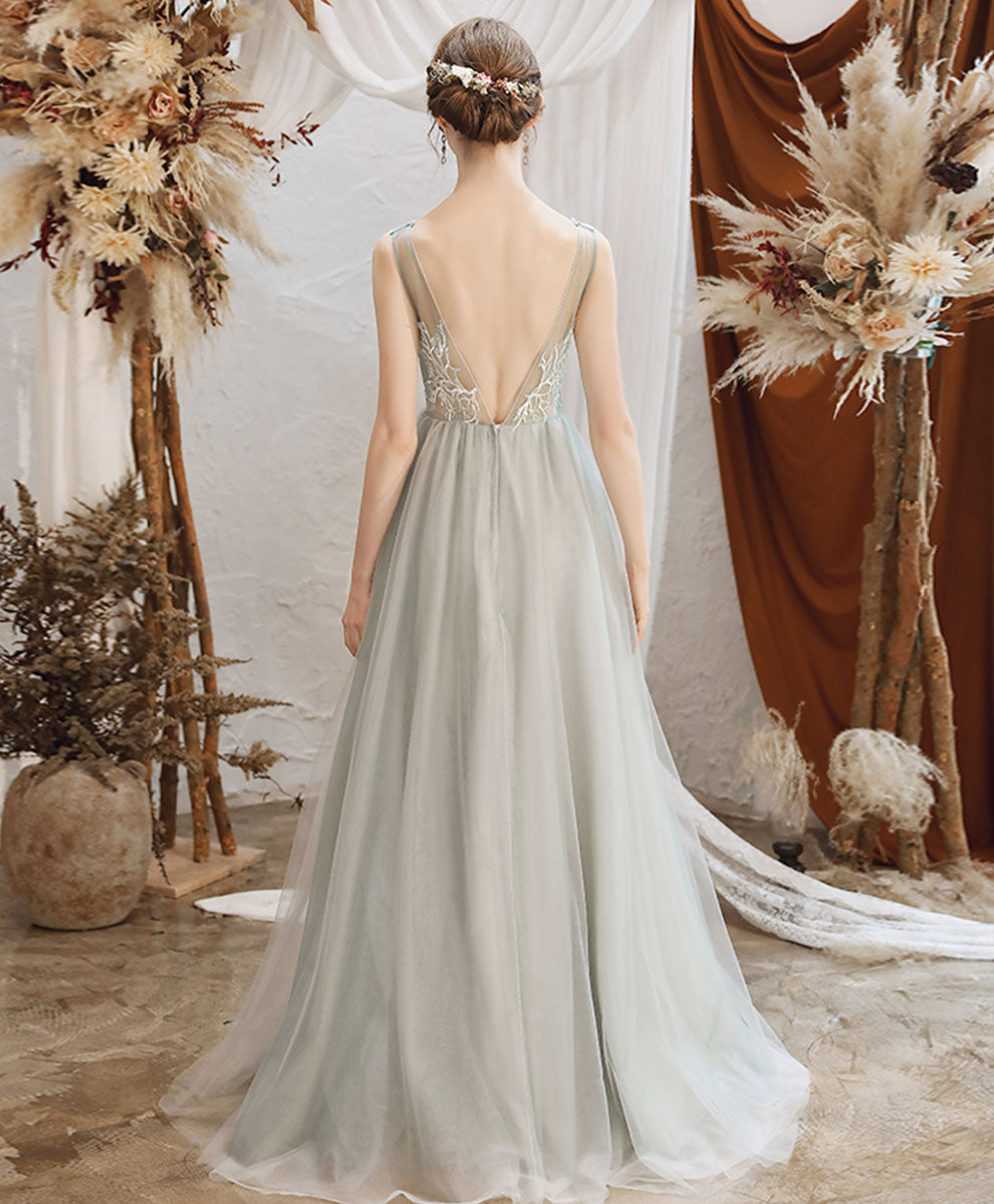 A-Line V-Neck Floor-Length Sage Green Tulle Prom Dress with Delicate Lace Appliqué