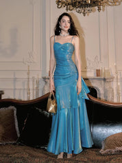 Teal Trumpet/Mermaid Sweetheart Floor-Length Satin Prom Dress with Draped Asymmetrical Skirt