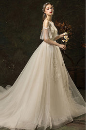 A-Line Illusion Off-the-Shoulder Floor-Length Tulle Lace Wedding Dress with Floral Appliqué