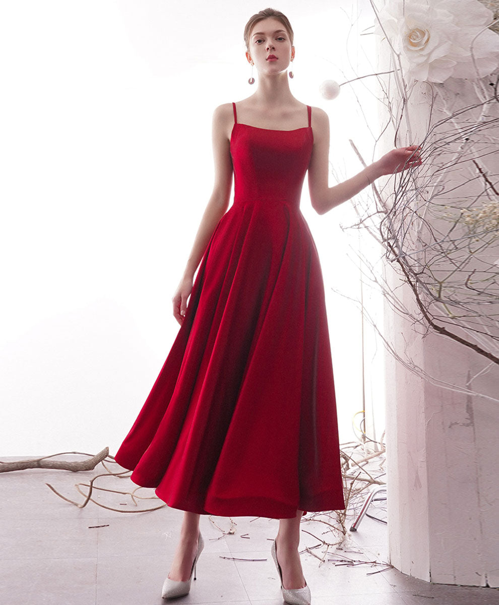 A-Line Red Square Neck Tea-Length Satin Prom Dress with Clean Pleated Skirt
