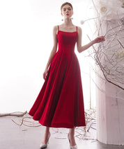 A-Line Red Square Neck Tea-Length Satin Prom Dress with Clean Pleated Skirt