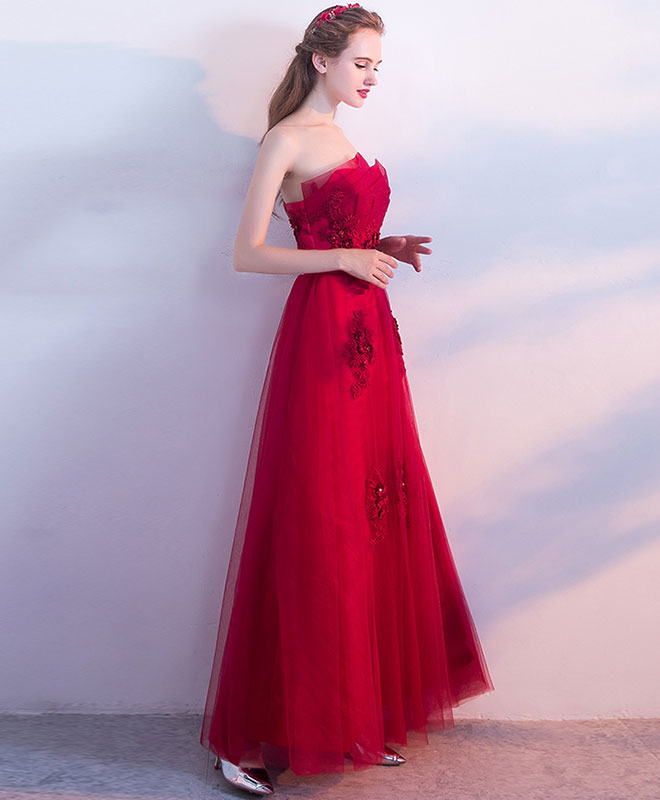 A-line Strapless Floor-Length Tulle Prom Dress with Lace Appliqué