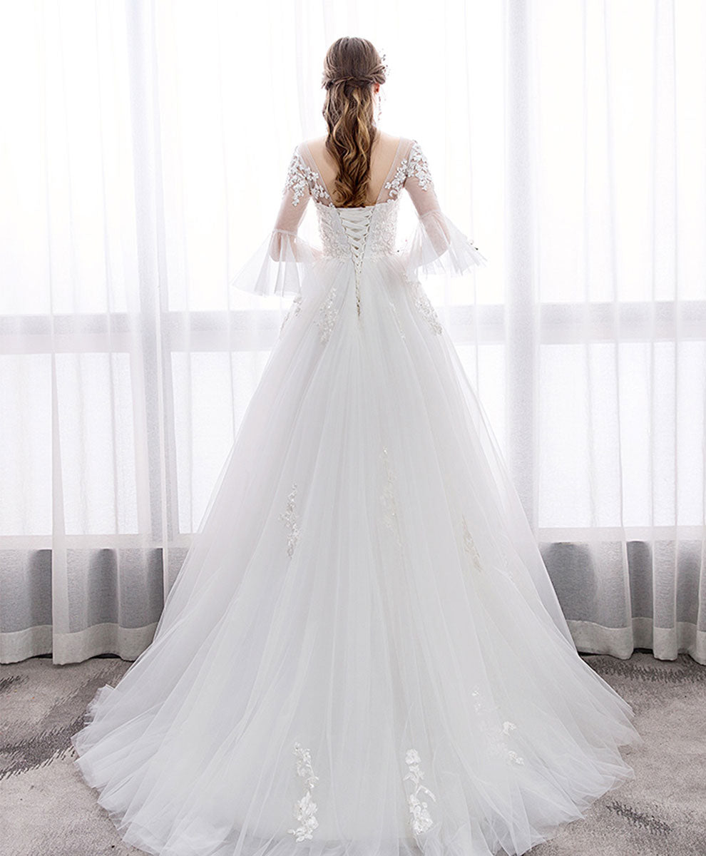 A-Line V-Neck Floor-Length White Tulle Lace Wedding Dress