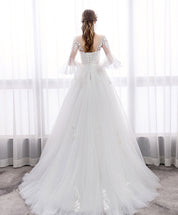 A-Line V-Neck Floor-Length White Tulle Lace Wedding Dress