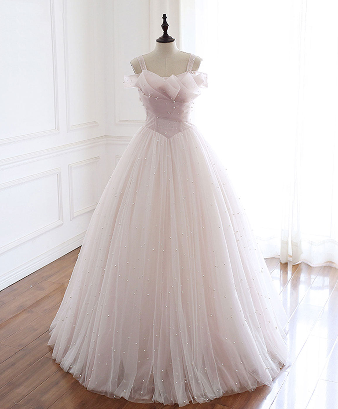 A-Line Off-the-Shoulder Floor-Length Tulle Beaded Prom Dress