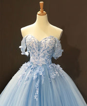 Ball Gown Sweetheart Neckline Floor-Length Light Blue Tulle Lace Appliqué Prom Dress