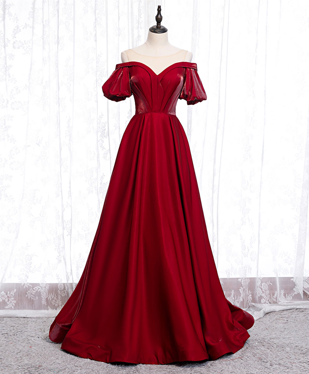 A-Line Burgundy Illusion Sweetheart Floor-Length Satin Prom Dress with Puff Sleeves and Structured Bodice