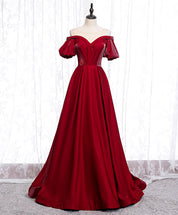 A-Line Burgundy Illusion Sweetheart Floor-Length Satin Prom Dress with Puff Sleeves and Structured Bodice