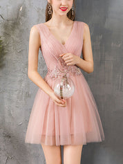 A-Line V-Neck Knee-Length Blush Tulle Homecoming Dress with Beaded Lace Bodice