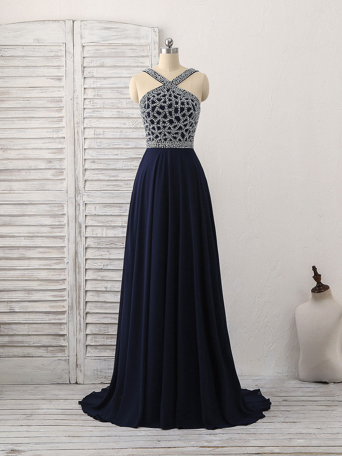 Beaded High Neck A-Line Floor-Length Chiffon Prom Dress