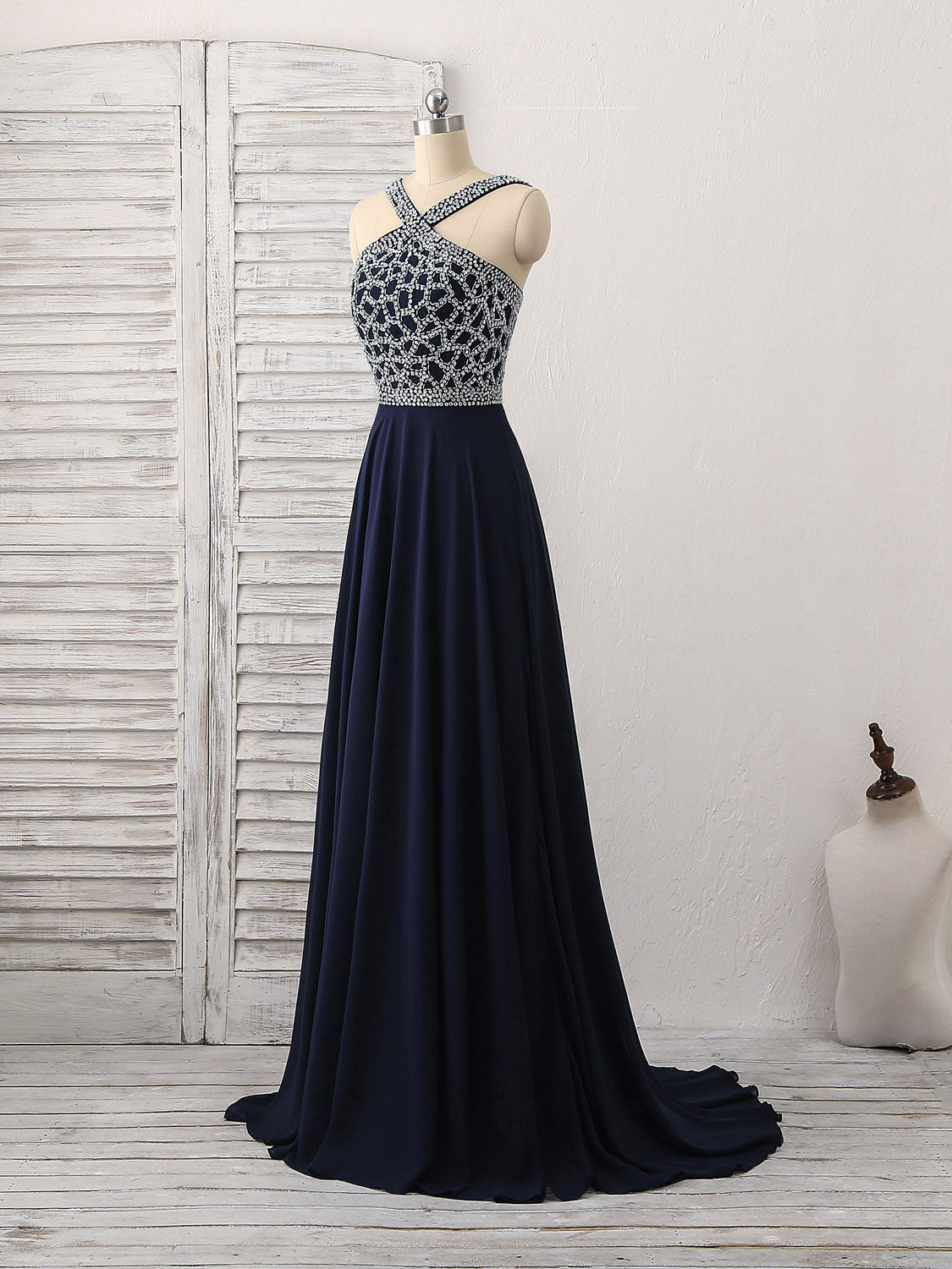 Beaded High Neck A-Line Floor-Length Chiffon Prom Dress