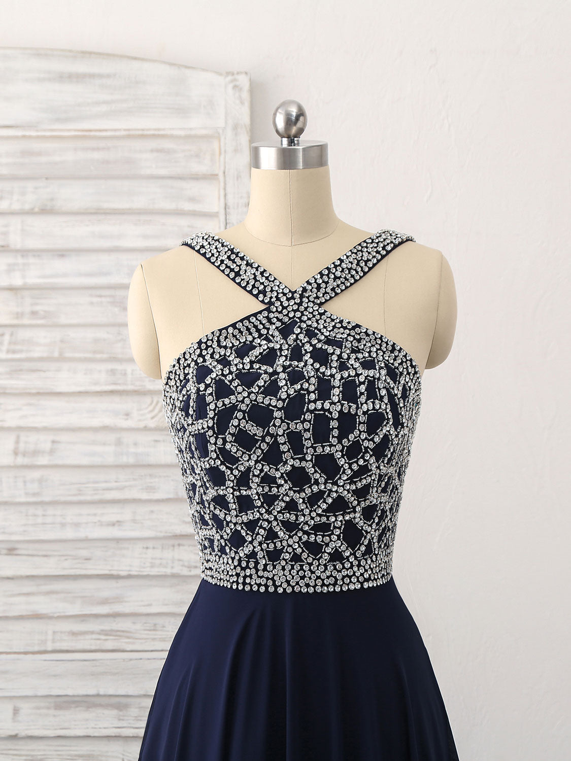 Beaded High Neck A-Line Floor-Length Chiffon Prom Dress