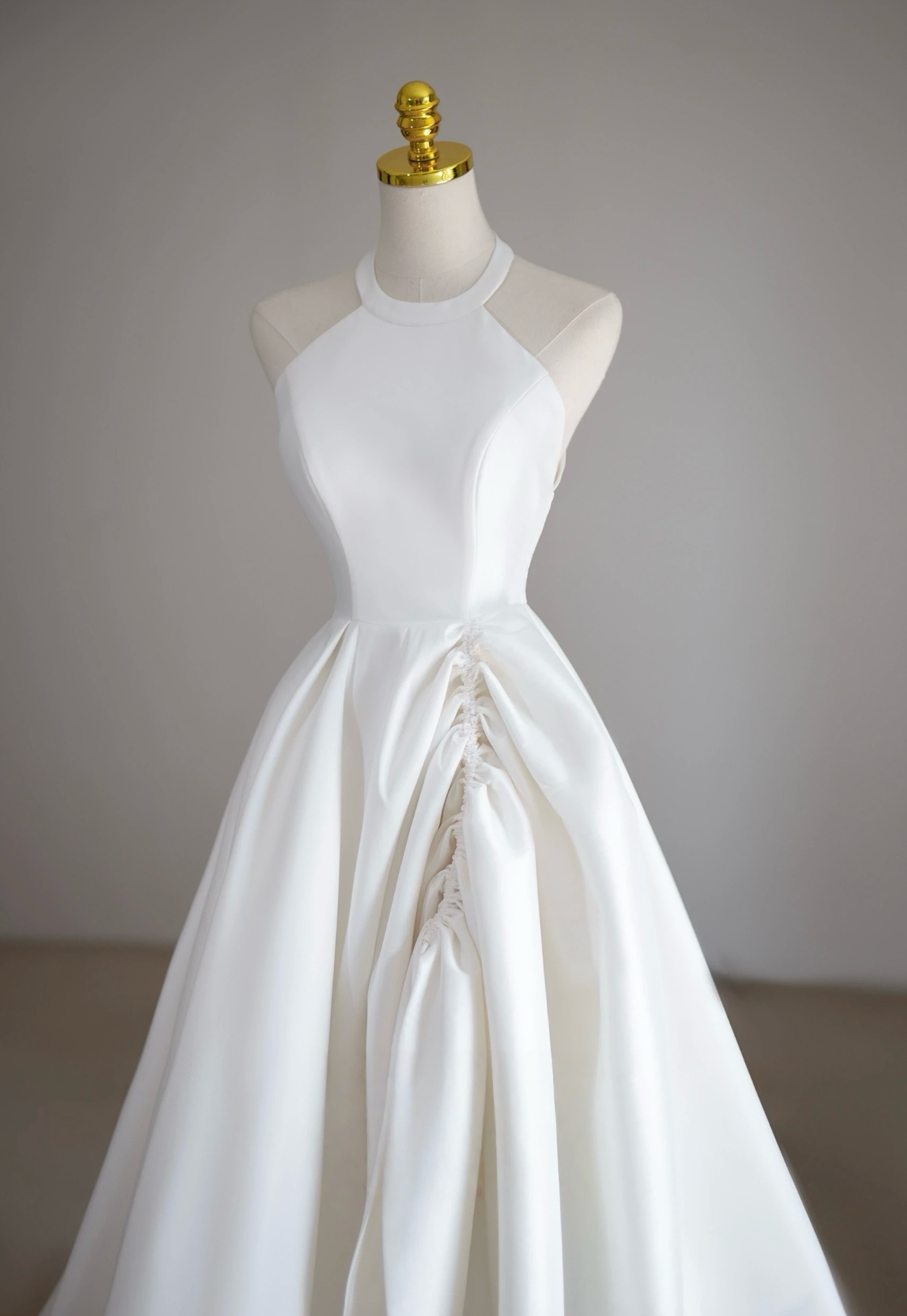 A-Line Halter Neckline Floor-Length Ivory Satin Prom Dress