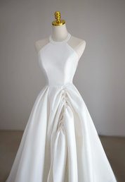 A-Line Halter Neckline Floor-Length Ivory Satin Prom Dress