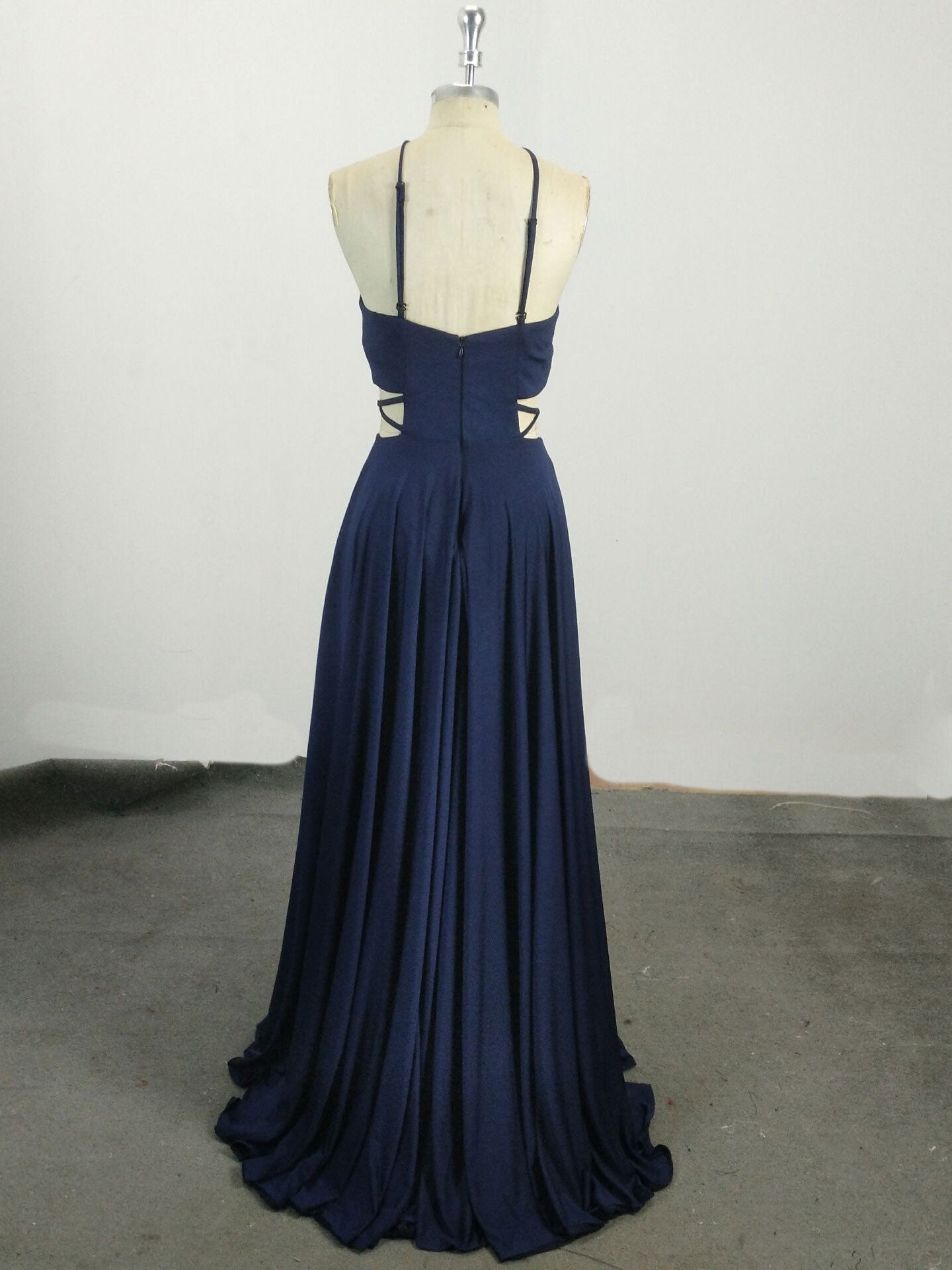 A-Line Halter Neck Floor-Length Navy Chiffon Prom Dress with Cutout Waist and Slit