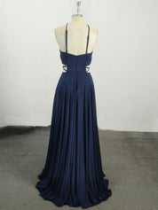 A-Line Halter Neck Floor-Length Navy Chiffon Prom Dress with Cutout Waist and Slit