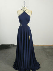 A-Line Halter Neck Floor-Length Navy Chiffon Prom Dress with Cutout Waist and Slit