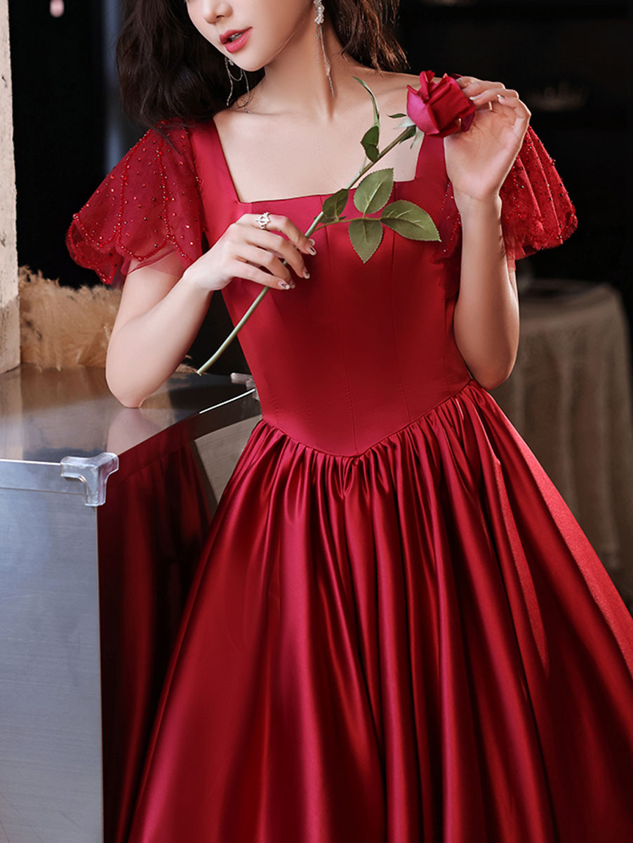 A-Line Square Neck Floor-Length Red Satin Prom Dress with Flutter Sleeves